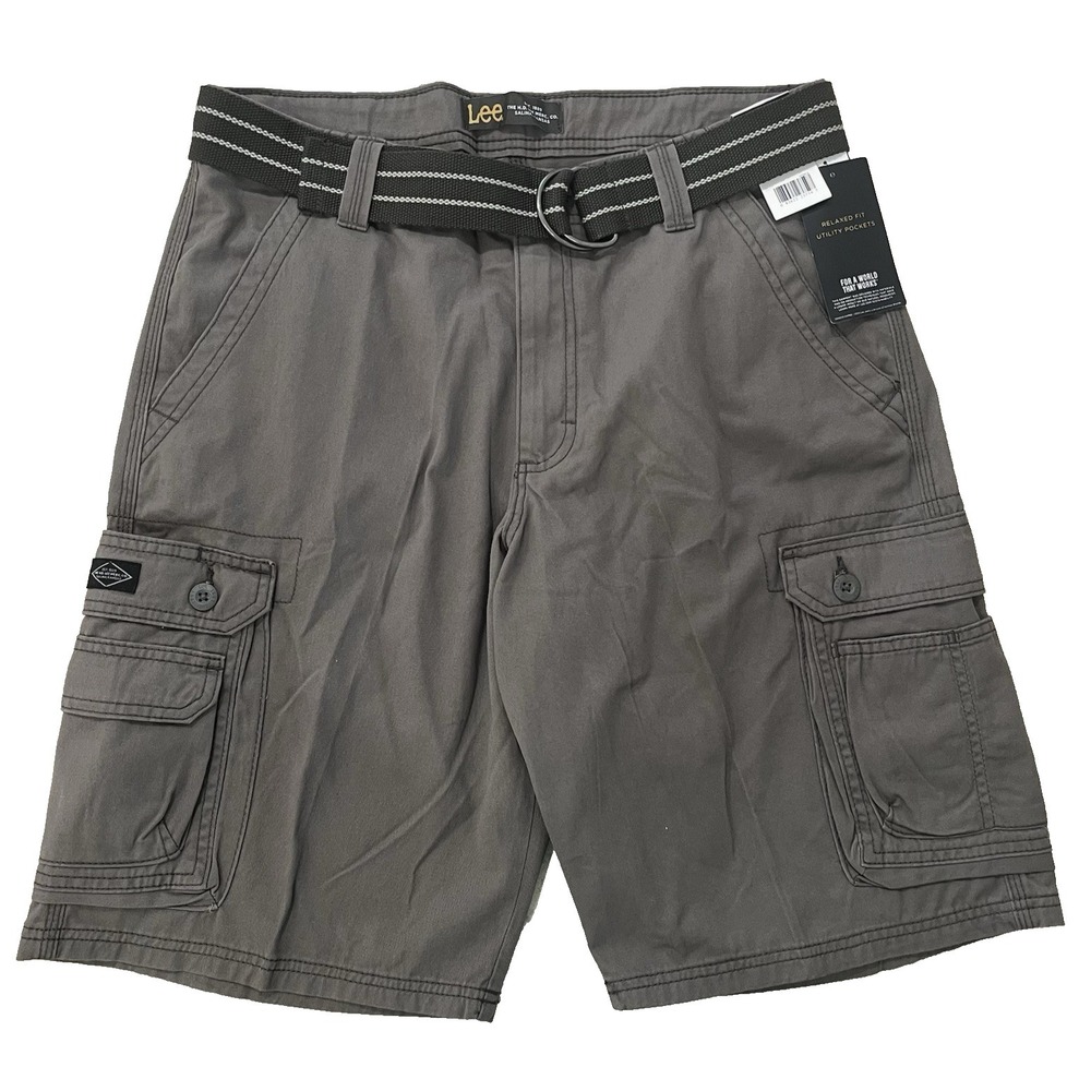 NWT Lee Men's Wyoming Belted Cargo Shorts 33 Gray/Brown Relaxed Fit‎ 100% Cotton